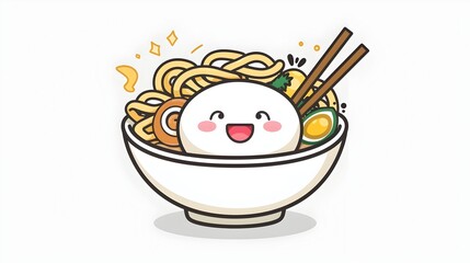 Cute Cartoon Noodle Bowl with Chopsticks and Happy Expression