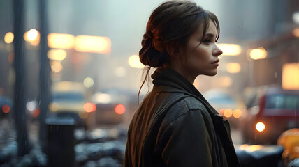 A smiling brunette woman walking in the city at night, showcasing her fashion and happiness