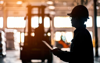Silhouette of a worker with a tablet in an industrial warehouse, with forklifts in the background, under warm lighting.