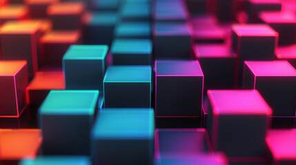 Fototapeta premium A vibrant and colorful of glowing cubes in a futuristic, digital landscape, illustrating modern technology and abstract design elements.