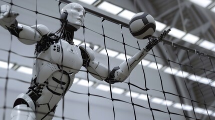 Robot Volleyball Player Spiking Ball: A tall robot leaping to spike a volleyball over the net.