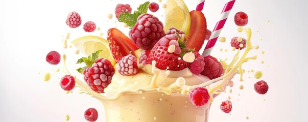 Refreshing smoothie splash with fresh raspberries, strawberries, and lemon slices in a dynamic, colorful, and vibrant composition.