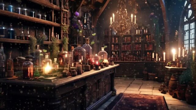 A magic room with several spell books and magic potions. Seamless 4K looping timelapse video animation generated AI