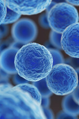 Close-up of blue cells under a microscope. Detailed scientific image showcasing cell structure and scientific research.