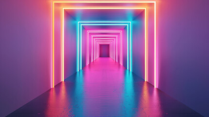Fototapeta premium Vibrant neon light tunnel with glowing colors in a futuristic corridor, featuring purple, pink, and blue hues, creating a modern and dynamic visual effect.