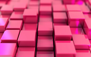 Obraz premium Abstract of geometric, pink, reflective cubes. Modern design concept with square shapes, suitable for backgrounds and presentations.