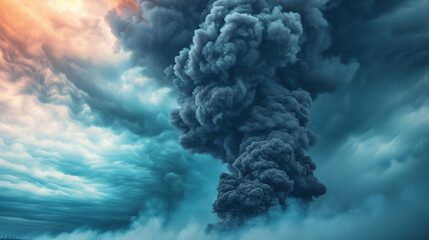 Naklejka premium Dramatic image of a massive volcanic eruption, with dark smoke clouds billowing into the sky contrasted against a surreal, colorful sunset.