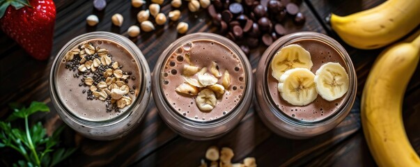 Three glass jars filled with chocolate smoothies topped with nuts, seeds, banana slices, surrounded by fruits and nuts on a wooden table.