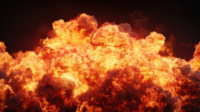 Dramatic explosion with fiery orange flames and thick smoke, perfect for action scenes, fantasy illustrations, or intense visual effects projects.