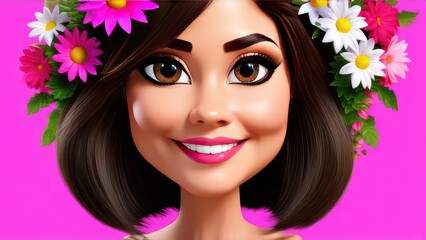 Naklejka premium Cartoon Woman with flowers with free space right. Happy International Women's Day, Mother's day, birthday card