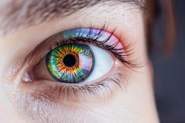 Close-up of a vibrant, colorful eye with intricate details, showcasing a mesmerizing blend of colors in the iris and vivid rainbow makeup on the eyelid.