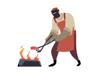 Blacksmith wearing leather apron gloves and face shield heating iron piece in fire, vector cartoon farrier worker smith