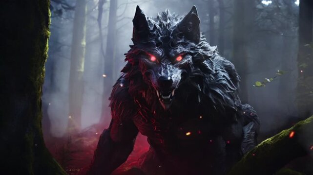 A human-bodied wolf monster with glowing red eyes in the middle of a fairytale forest. Seamless 4K looping timelapse video animation generated AI
