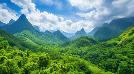 Obraz premium Majestic mountain landscape with lush green forests, under a bright blue sky with white clouds, capturing the beauty of nature in full glory.