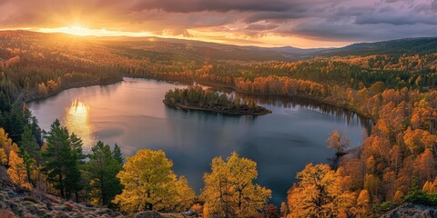 Obraz premium Serene Sunset over Autumnal Lake