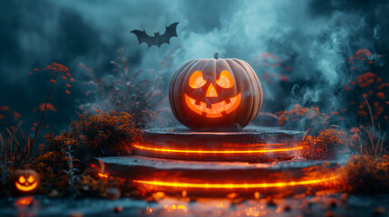 Fototapeta premium Podium halloween product background pumpkin 3D autumn platform smoke stage. Halloween podium orange product ice banner dark black fall floor night purple table display sale texture wall fog happy bat.