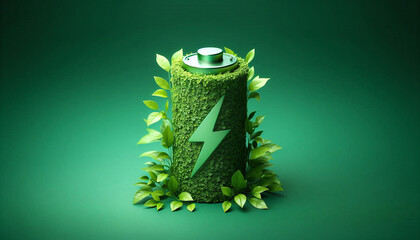 The concept of sustainable energy storage in the form of a battery symbol covered with leaves on a lush green background