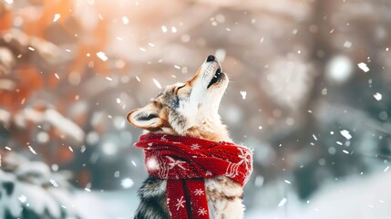 A wolf wearing a festive scarf, howling at the moon with snow falling around.