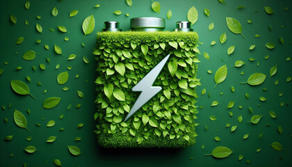 The concept of sustainable energy storage in the form of a battery symbol covered with leaves on a lush green background