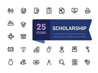 Scholarship icon collection. Containing tuition assistance, grant, fellowship, award icon. Simple line vector illustration.