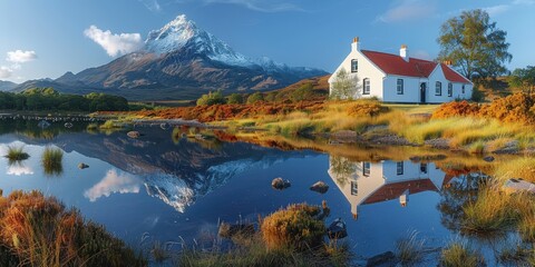 Fototapeta premium Mountain Lake House Reflection