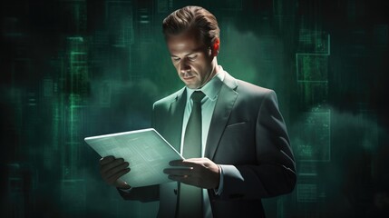Businessman in a suit examining a digital tablet with a futuristic green matrix background. Concepts of technology, cybersecurity, and data analysis.
