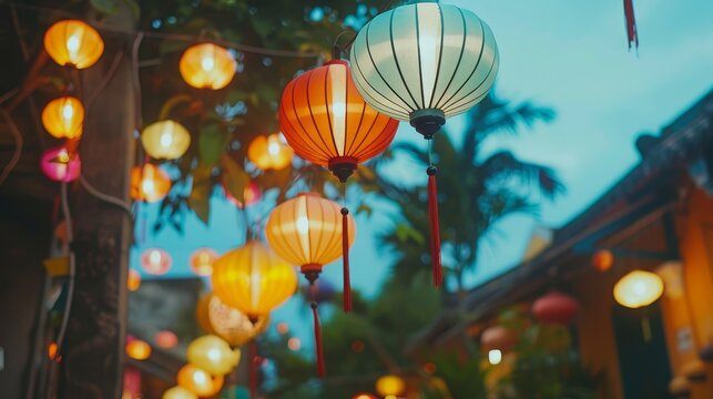 Featuring a bunch of colorful lanterns hanging from the ceiling, this colorful decoration adds a colorful touch to any event or party