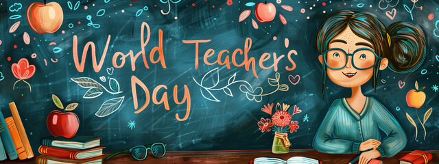 Smiling woman with glasses and bun sitting at desk with books and flowers against chalkboard background. Concepts of World Teacher's Day, education, and appreciation for teachers.