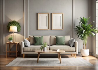 Naklejka premium Contemporary living room interior design mockup features sleek sofa, artwork in frame, and plain accent wall, exuding cosy simplicity with nature-inspired colour scheme and soft daylight ambiance.