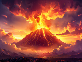 A large volcano hot lava and gases