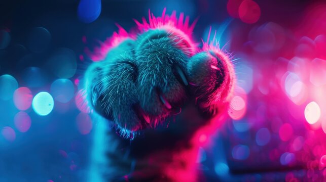 A cat's paw is shown in a blue and pink color scheme
