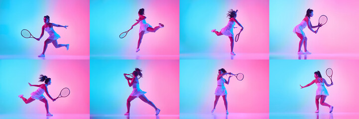 Collage made of dynamic photos of tennis athlete training serving and hitting ball in neon light against vibrant colorful background. Concept of sport, competition, match, team, games, action. Ad