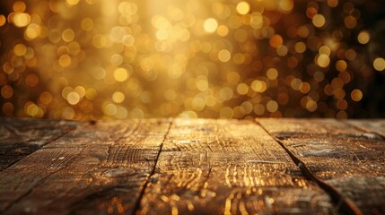 Vintage style wooden table surface on shiny golden bokeh backdrop for product display or montage