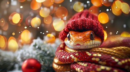 Cute cartoon snake in knitted hat, New Year's card in red and gold colors.Merry Christmas 2025