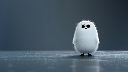 Cozy Fluffy White Bird Creature in Snowy Minimalist Scene