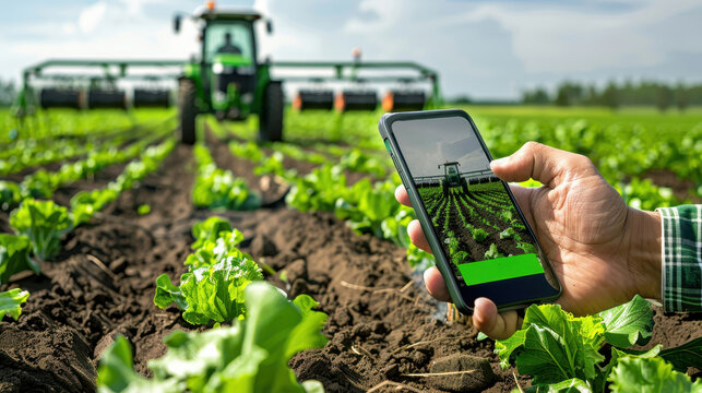 Farmer using smartphone to monitor technology in agriculture with tractor in background of vegetable field.
