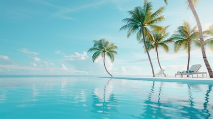 A luxurious beach resort with palm trees concept highlighting relaxation and luxury of beach resorts copy space, whimsical, Overlay, seaside backdrop