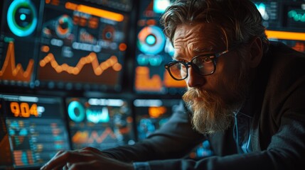 Obraz premium Experienced Analyst Working Late to Analyze Financial Data in Modern Office Environment. Generative AI