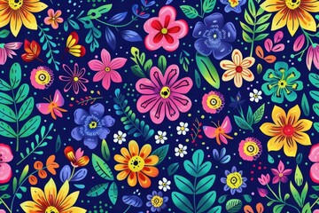 Flowers and leaves appear seamlessly in this vibrant floral pattern. Seamless, foliage, leaves, colorful, floral, vibrant