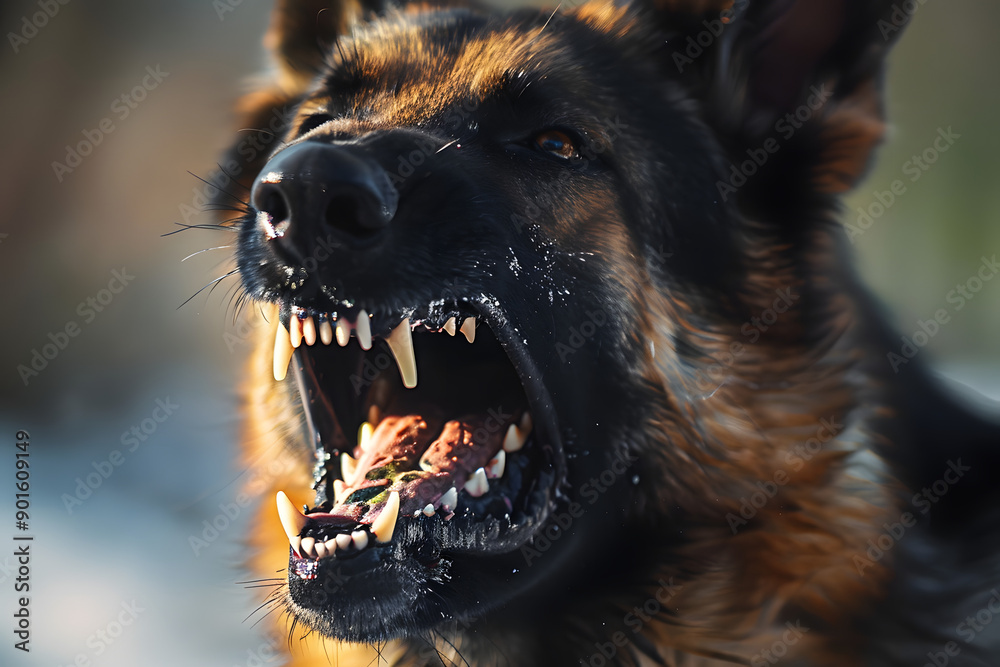 Sticker aggressive dog shows dangerous teeth. german sheperd attack head detail.