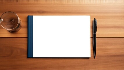office desk mockup, background has a modern theme with one folder, one elegant pen, one glass, empty space in the middle