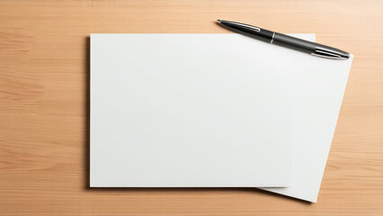 office desk mockup, background has a modern theme with one folder, one elegant pen, one glass, empty space in the middle
