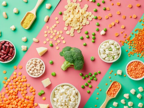 This colorful display of plant-based protein sources includes tofu, beans, and lentils.