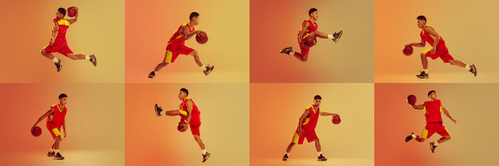 Collage made of energetic photos of athletic man, basketball player dribbling in neon light against vibrant gradient background. Concept of sport, competition, match, team, games, action. Ad