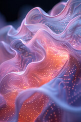 Fototapeta premium Clean depiction of a dynamic 3D wave-like form featuring pastel pink and lavender perforations,