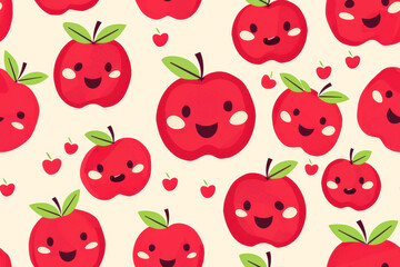 Seamless Pattern of Smiling Cartoon Apples on Light Background