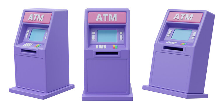 3D rendering with three different ATM icons isolated on transparent background. It represents different styles and types. of automatic teller machines used for banking and withdrawals