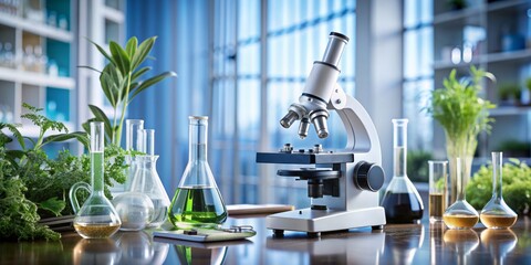 Modern laboratory setup with sleek blue and white equipment, featuring a microscope and various scientific tools, focused on a sample of organic material for research.