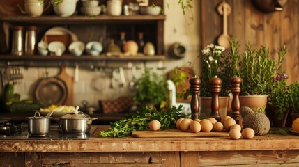 Rustic and sustainable Easter kitchen with natural colors and greenery