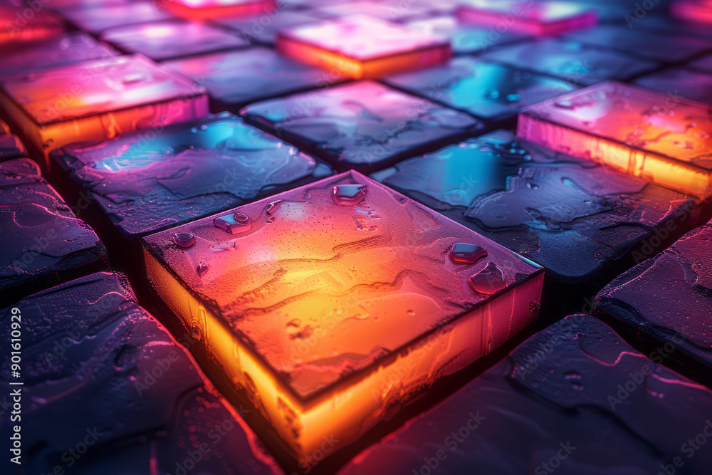 Poster minimalist abstract 3d tiles arranged in a grid, illuminated by soft glowing lights in various color